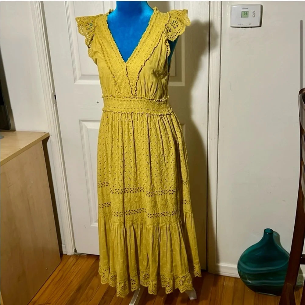 Ulla Johnson V-Neck Dress with Ruffles - Chartreuse Yellow - Excellent Condition - Picture 3 of 11